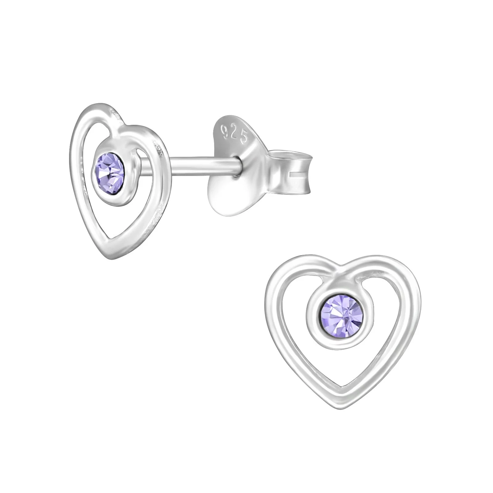 Violet Crystal Heart Sterling Silver Stud Earrings