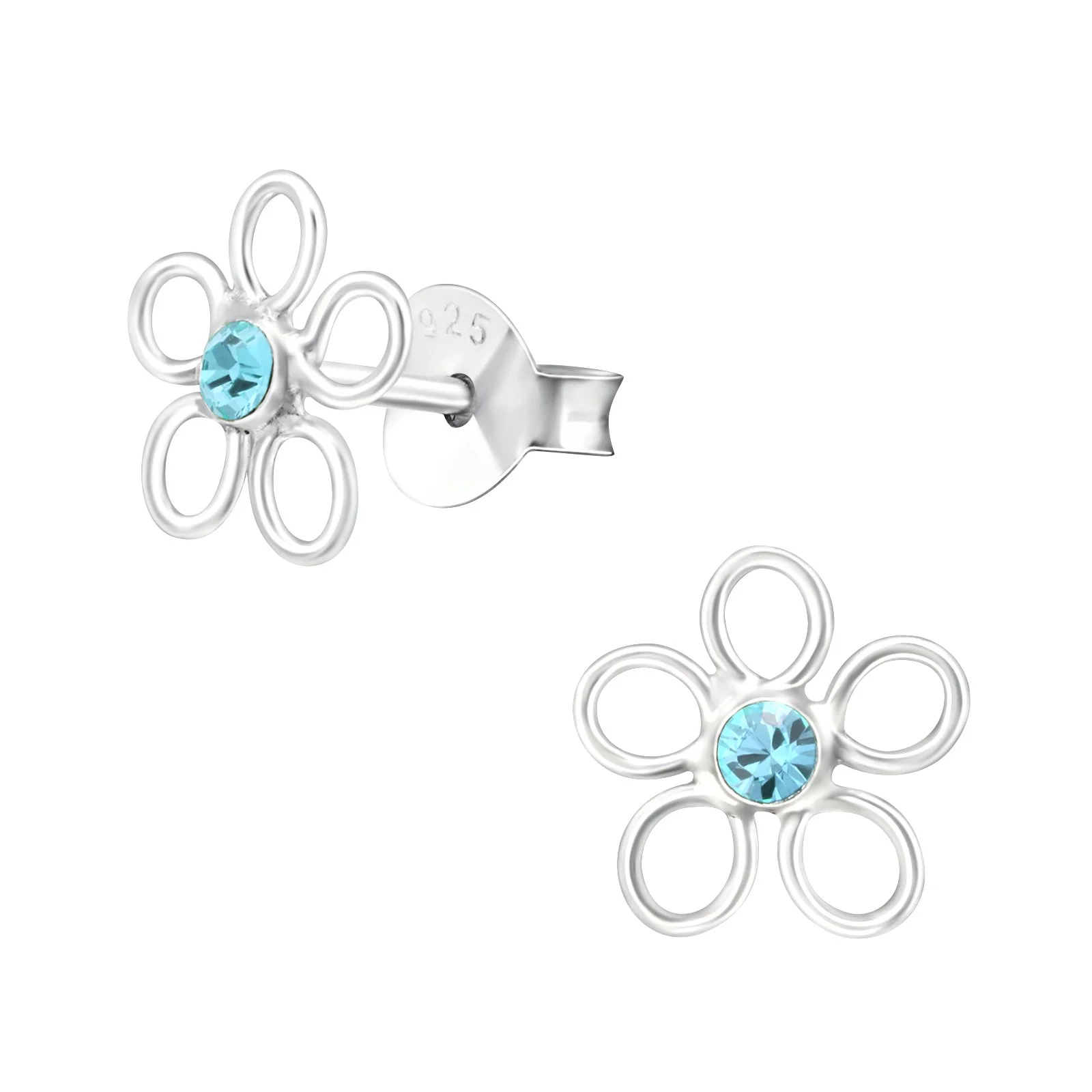 Aquamarine Crystal Flower Sterling Silver Stud Earrings