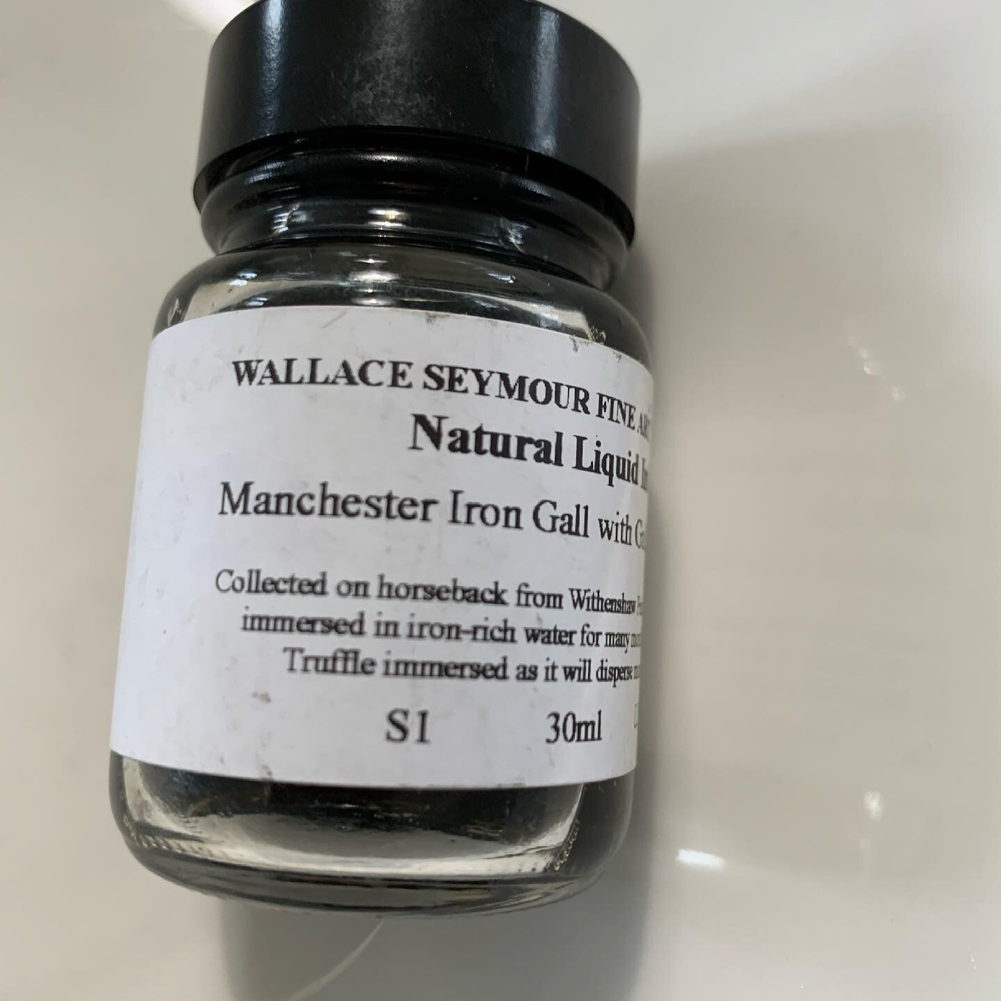 I couldnt find enough #oakgalls to make my own #handmadeink and was desperate to try it so I bought this!  I was amazed to read the label on this @wallace_seymour Oak gall ink! He or Pip collected the oak galls on #horseback in #Wythenshawe #park !!!