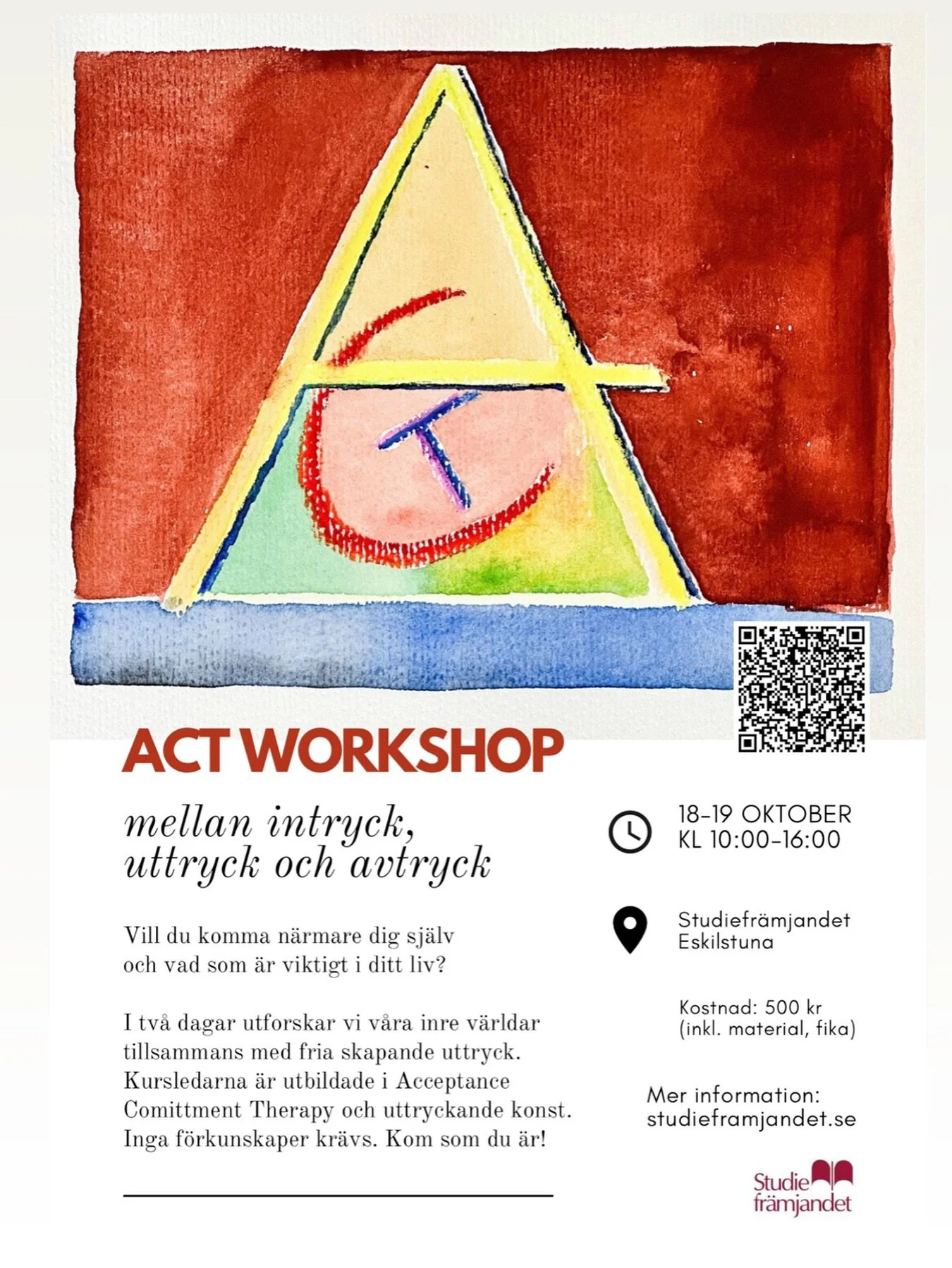 WORKSHOP: mellan intryck, uttryck och avtryck &hearts;️

Vill du komma n&auml;rmare dig sj&auml;lv och det som &auml;r viktigt i ditt liv? 

I tv&aring; dagar utforskar vi v&aring;ra inre v&auml;rldar med fria skapande uttryck och ACT-processerna: me