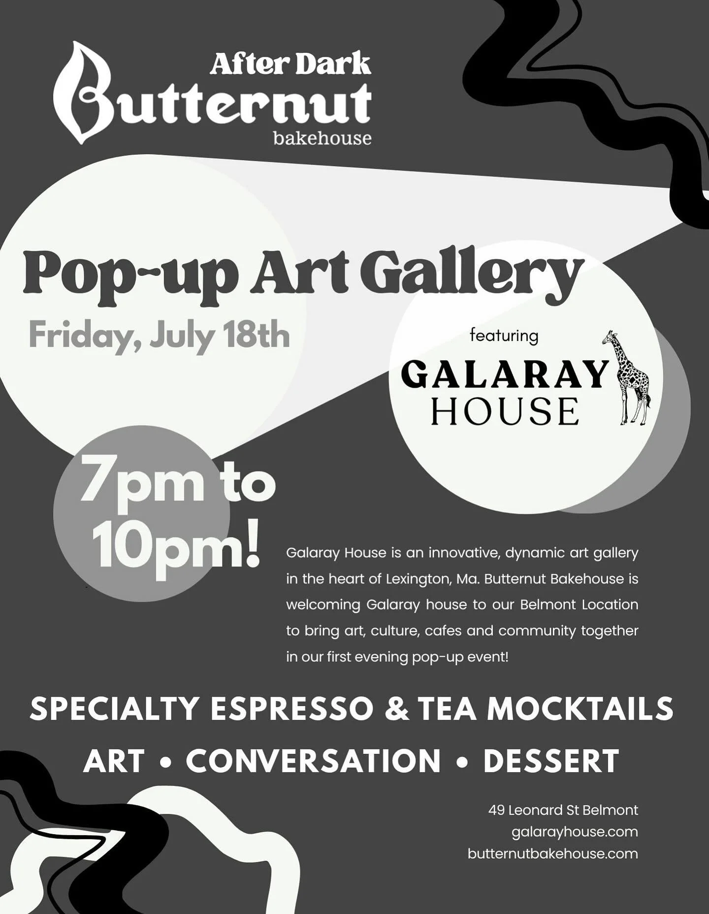 We are thrilled to announce our first Butternut After Dark event!

Next Friday, July 18th, we will be hosting @galarayhouse for a pop up art gallery in our Belmont location!

We are crafting specialty mocktails &amp; drinks for the evening, as well a