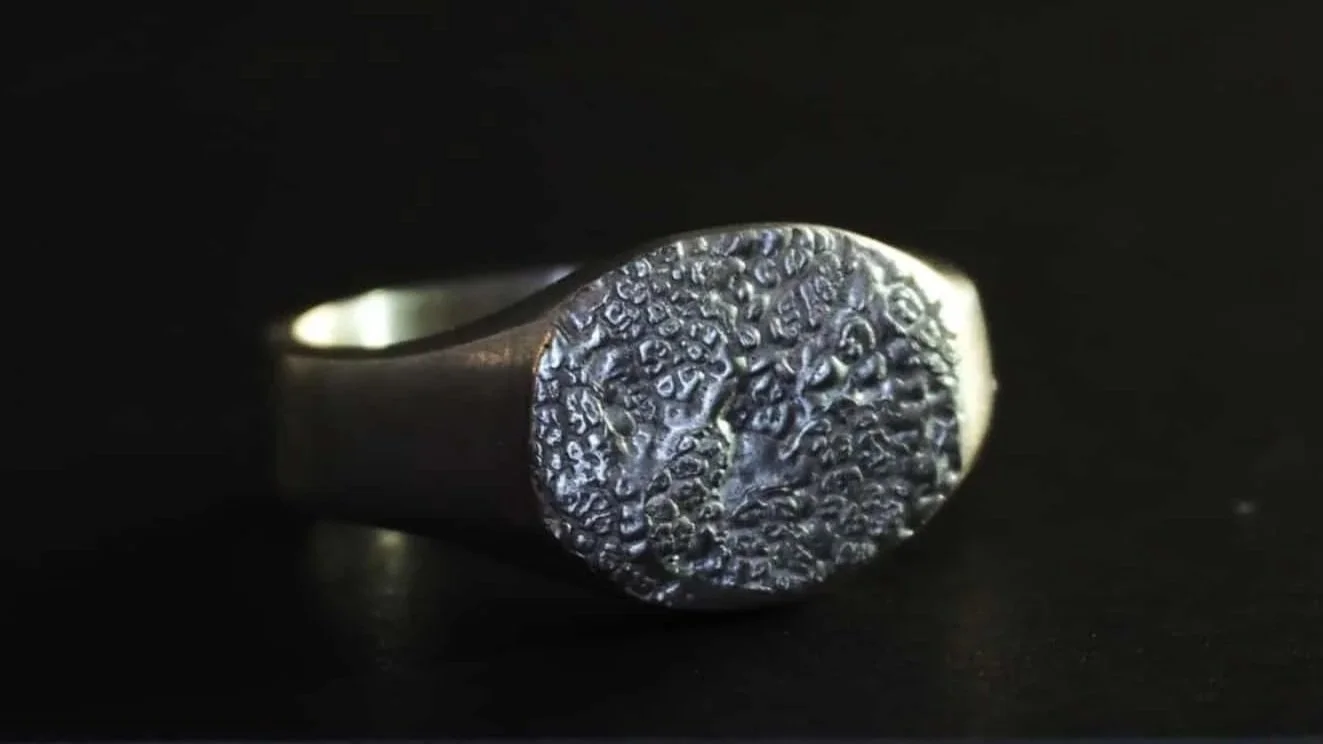 Chevalière truffe de chien sur fond noir.