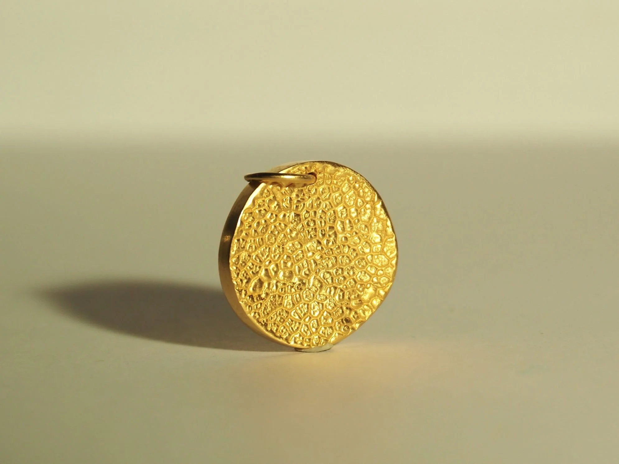 Collier truffe de chien plaqué or recto verso. Il y a sur ce pendentif l’empreinte des truffes de deux chiens.