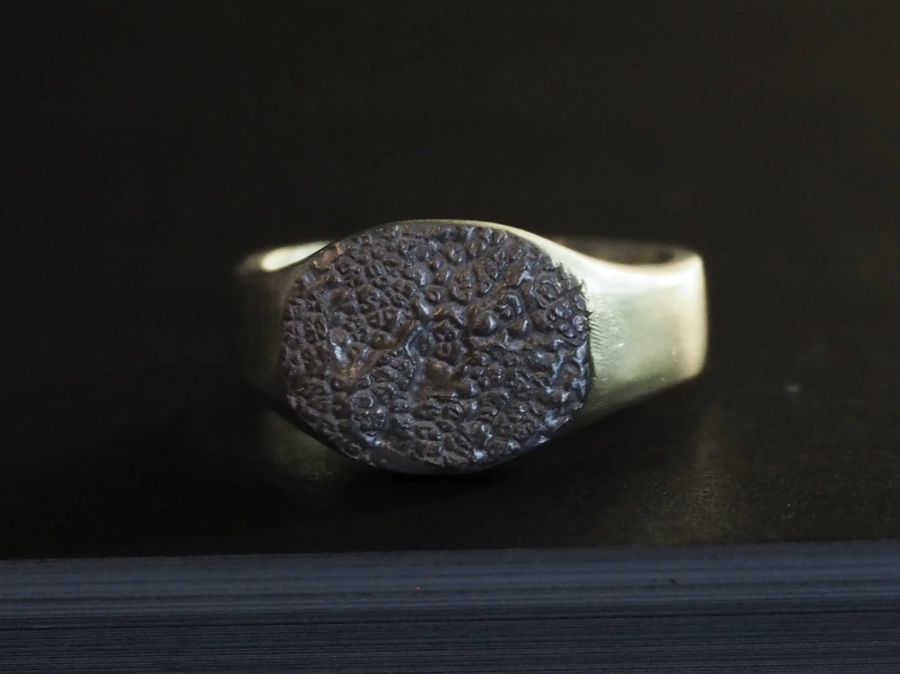 Empreinte de truffe de chien sur le plateau ovale d’une chevalière en argent. Le bijou truffe est posé sur un fond noir.