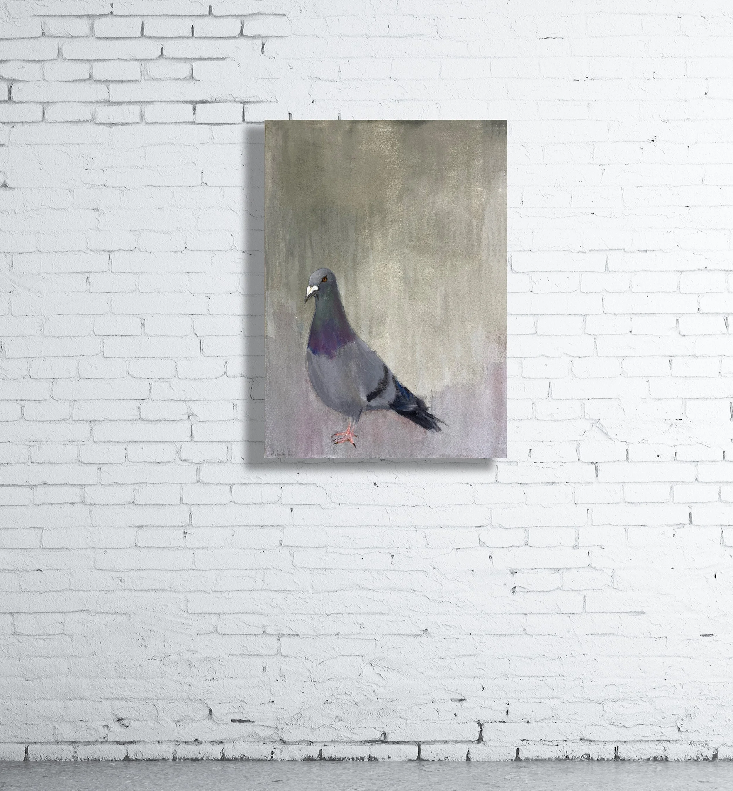 A painting of a pigeon on a mottled background looking out at the viewer