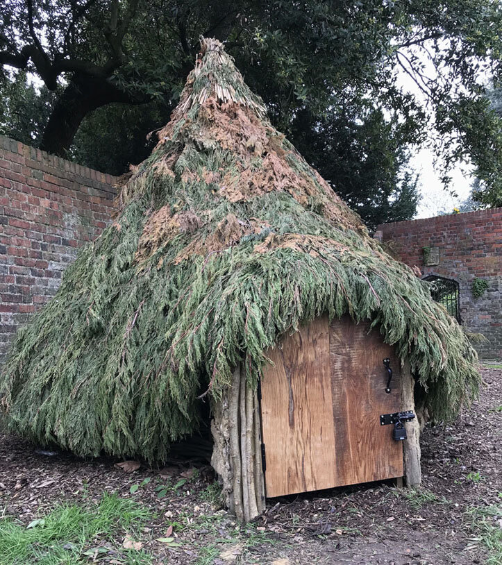 Iron Age Roundhouse, made with the museum education dept to explore ancient architecture. These were the first shelters made in this part of the world from approx 500BC. Here, we used hazel greenwoods to make the wattle walls of the house and enclosu