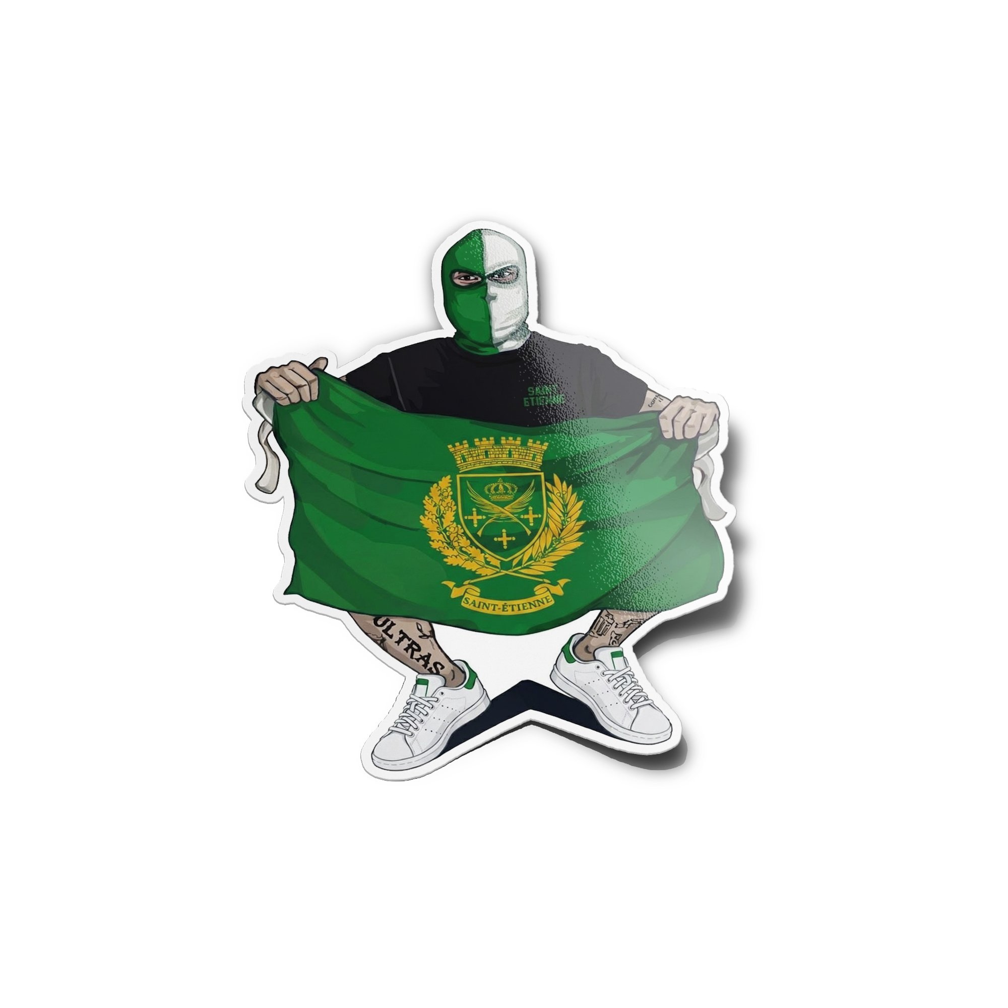 Sticker Vinyle Saint-Étienne – Supporter Ultra Masqué avec Drapeau Vert – Résistant Eau & UV