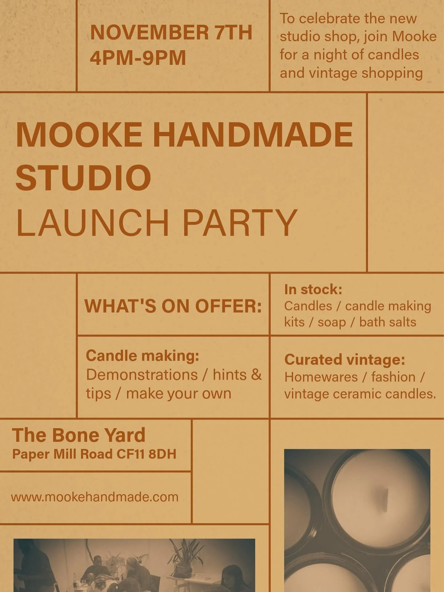 Not long now and I&rsquo;ll be opening the doors of the new Mooke HQ.
Everyone is welcome to join in the fun @boneyard_bridgestudios November 7th 4pm-9pm.
There&rsquo;ll be drinks and nibbles, candle making chats and demos, discounts on products and 