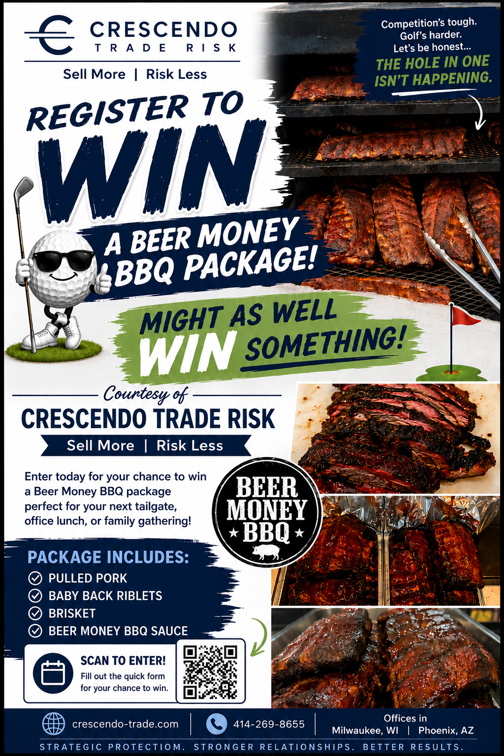 Promotional flyer for Crescendo Trade Risk offering to win a Beer Money BBQ package by registering through a QR code. The flyer features images of smoked and grilled barbecue ribs, text promoting the contest, and details about the package with items like pulled pork, baby back ribs, brisket, and BBQ sauce. It also includes a golf-themed character, a logo, and contact information.