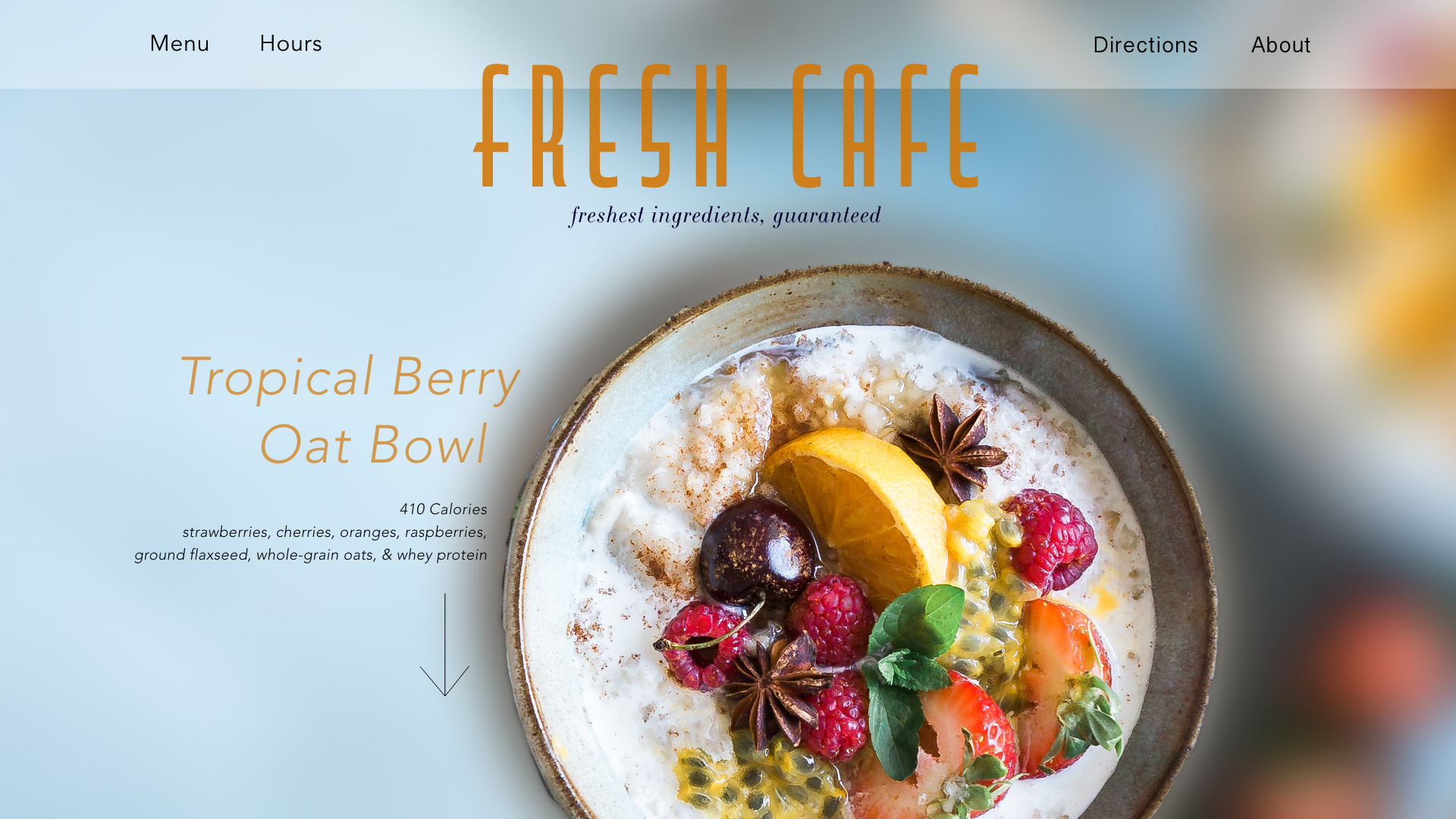 Mockup landing page for an organic cafe.