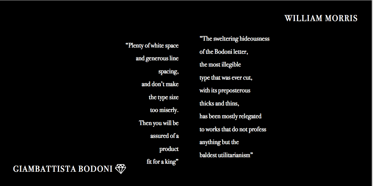 Zine spread showcasing the typeface "Bodoni." Bodoni is an elegant serif designed in late eighteenth century Italy and is frequently used editorially. The font exudes a feeling of luxury and elegance.