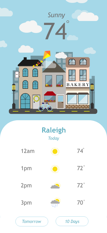 Mockup weather app that includes a vector illustration designed by me.