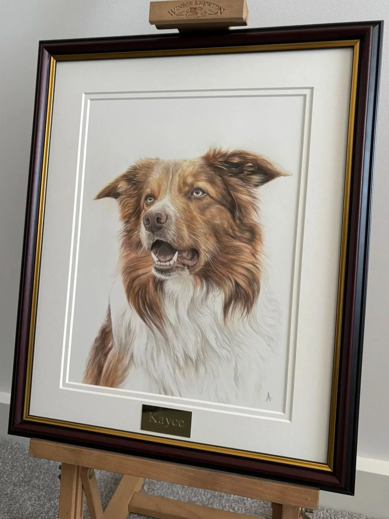 A framed portrait of a brown and white dog with blue eyes, displayed on an easel. There is a plaque with the name 'Kace' beneath the portrait and a small wooden block above it with the words 'Windsor & Newton' engraved.
