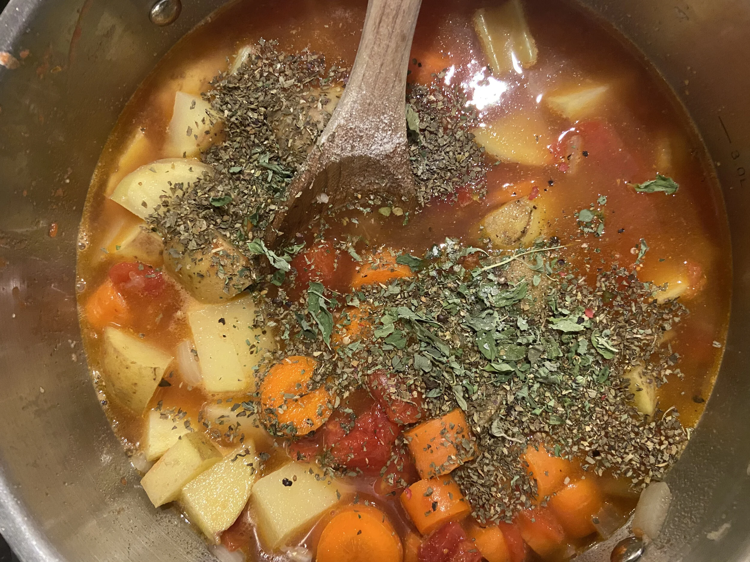 Add in spices and bone broth or soup stock.