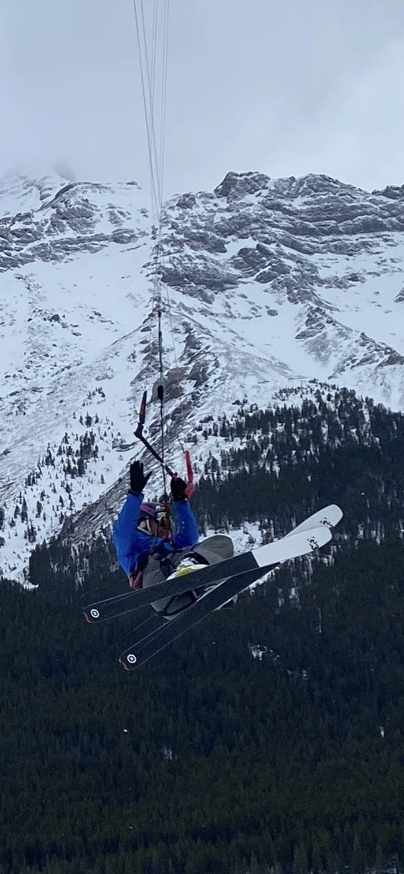 A skier mid-air while performing a jump against a snow-covered mountain backdrop.