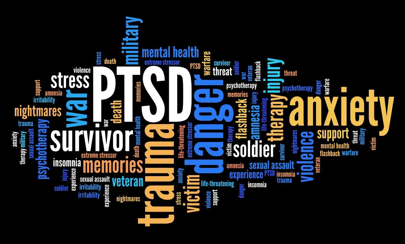 Word cluster that includes words that represent PTSD and trauma for first responders.