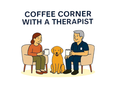 Coffee Corner With a Therapist illustration showing a therapist and first responder talking over coffee with a therapy dog.