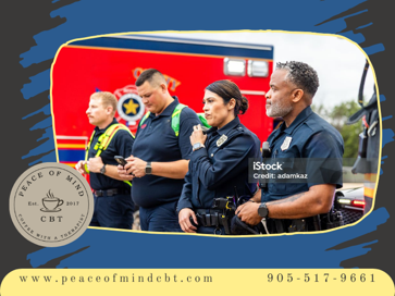 Police officer, firefighter, and paramedic having a supportive conversation, representing the growing acceptance of first responder therapy and mental health.