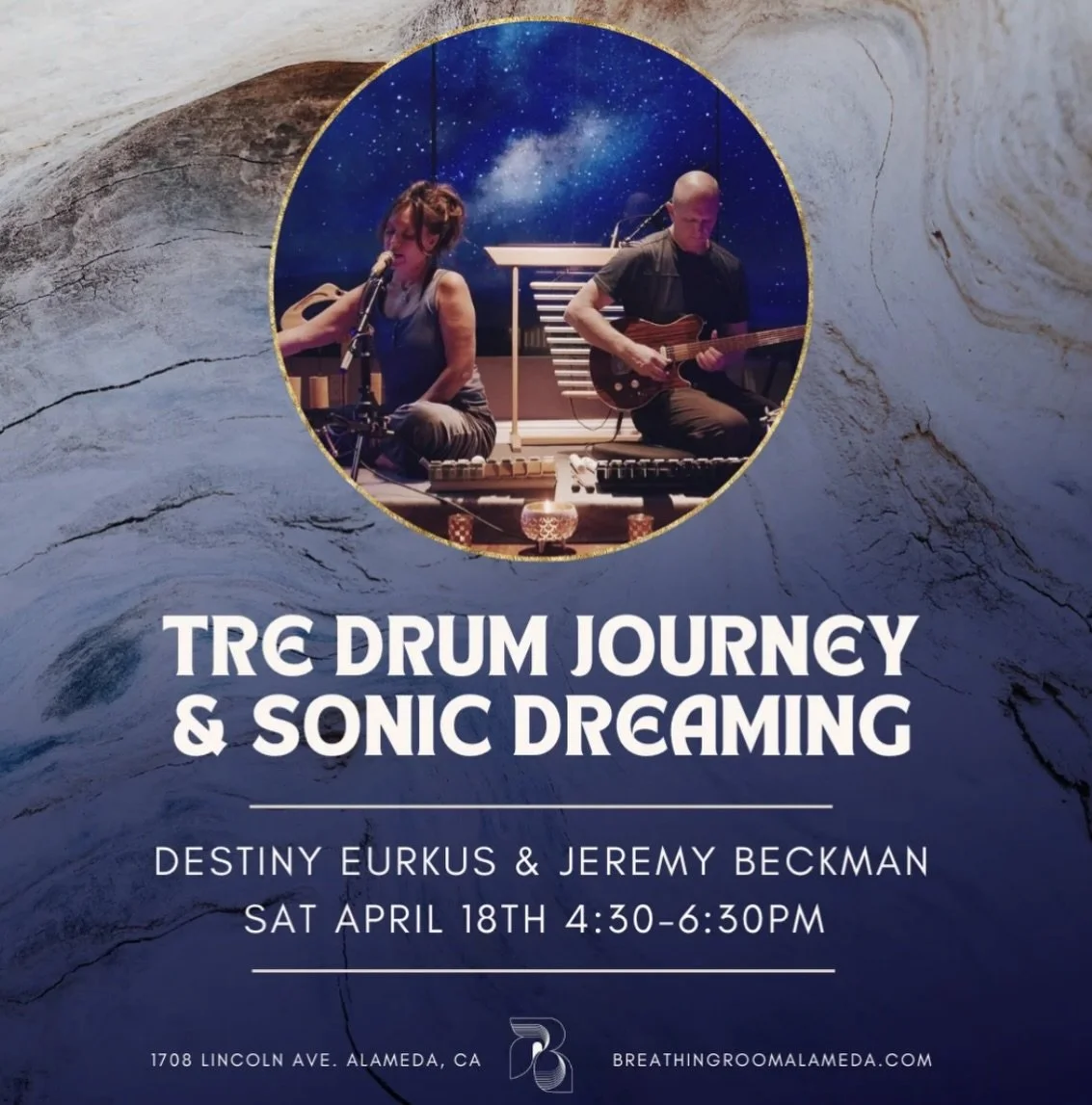 ✨Saturday April 18th 4:30&ndash;6:30 pm ✨
🪷Join us for a magical evening of deep rest ✨

Destiny &amp; Jeremy invite you into a one-of-a-kind experience: TRE Drum Journey + Sonic Dreaming 💭

Release stress, tension, and stored trauma through gentle