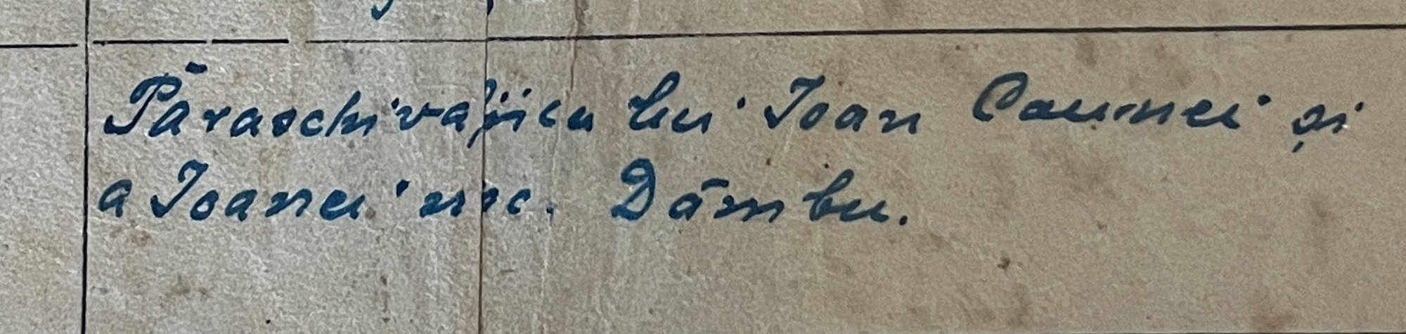  Excerpt from Grandma Maria’s birth certificate, Feb 1921 (family archive).  Under the ‘mother’ section it reads: Paraschiva, daughter of Ioan Caunei and of Ioana, nee Dambu. 