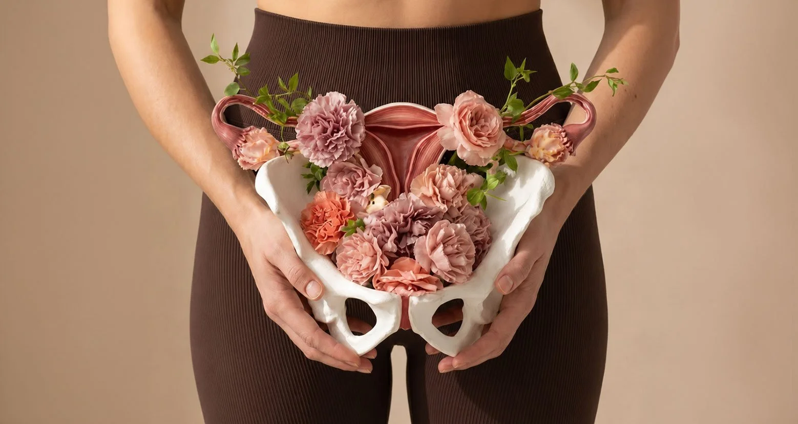 Anatomical model of a female pelvis filled with flowers, illustrating women's hormonal health