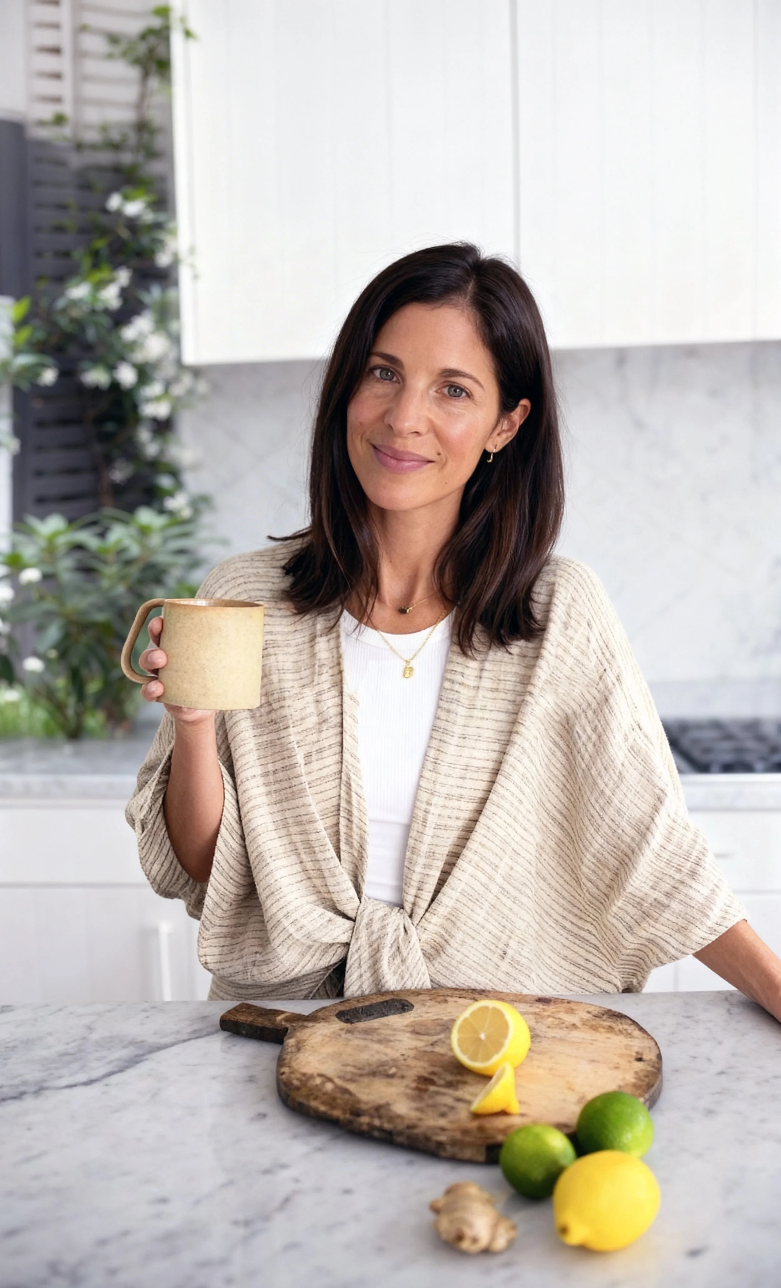 A woman with dark brown hair and light skin standing in a bright kitchen holding a beige mug. She is wearing a white shirt and a beige, striped cardigan tied in front. On the marble kitchen counter in front of her are a wooden cutting board, a lemon half, a lemon wedge, two limes, a ginger root, and a whole lemon. The background features white cabinets and some green plants.