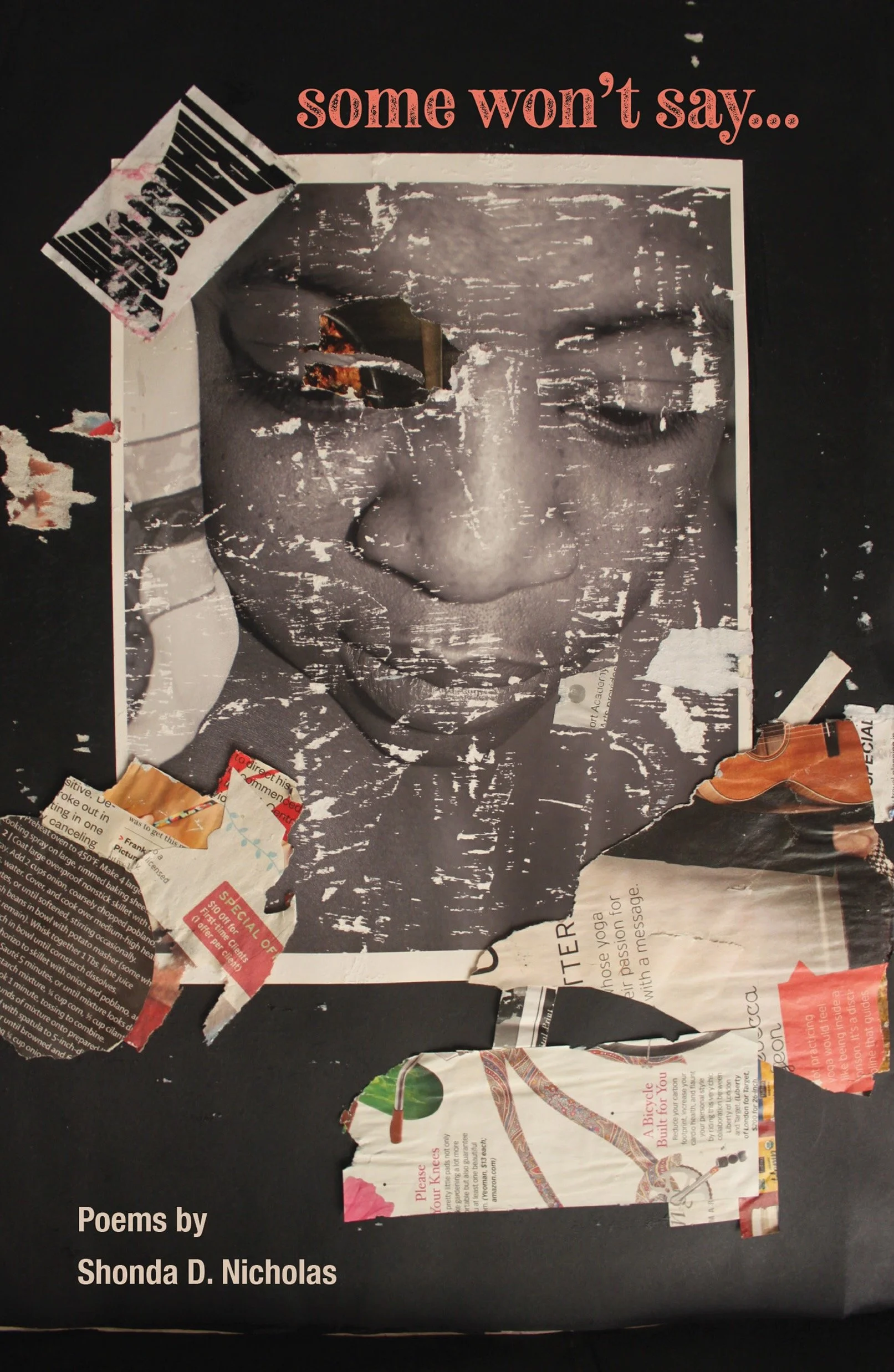 Photo of book cover depicting the photograph of a woman and collage elements
