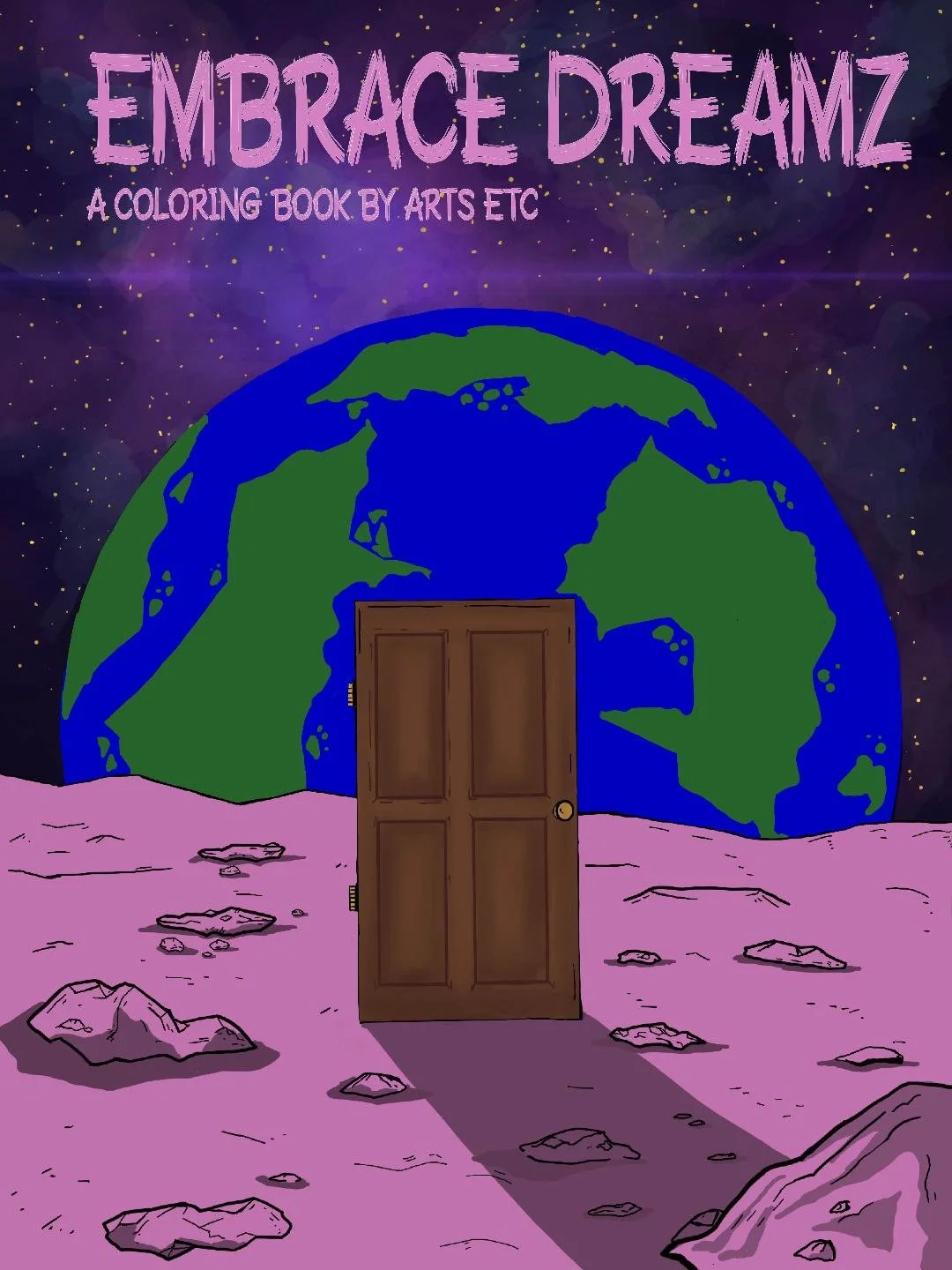 Illustration of a door in front of the earth with a purple foreground and background