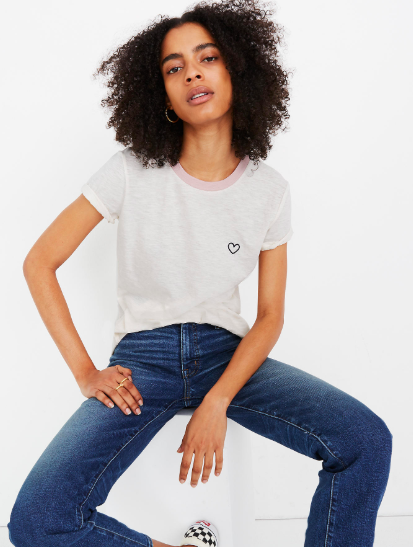 Heart Embroidered Whisper Cotton Crewneck Tee