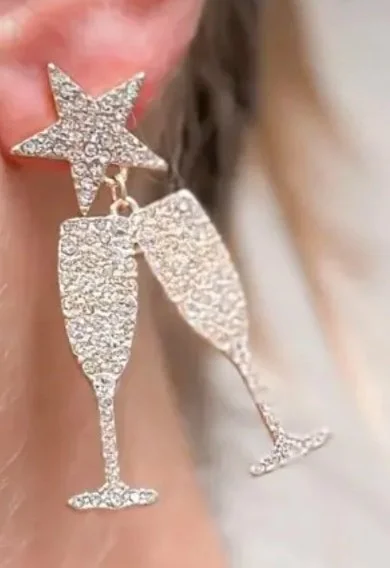 CHEERS! Rhinestone Dangle Earrings - Soft Gold Tone