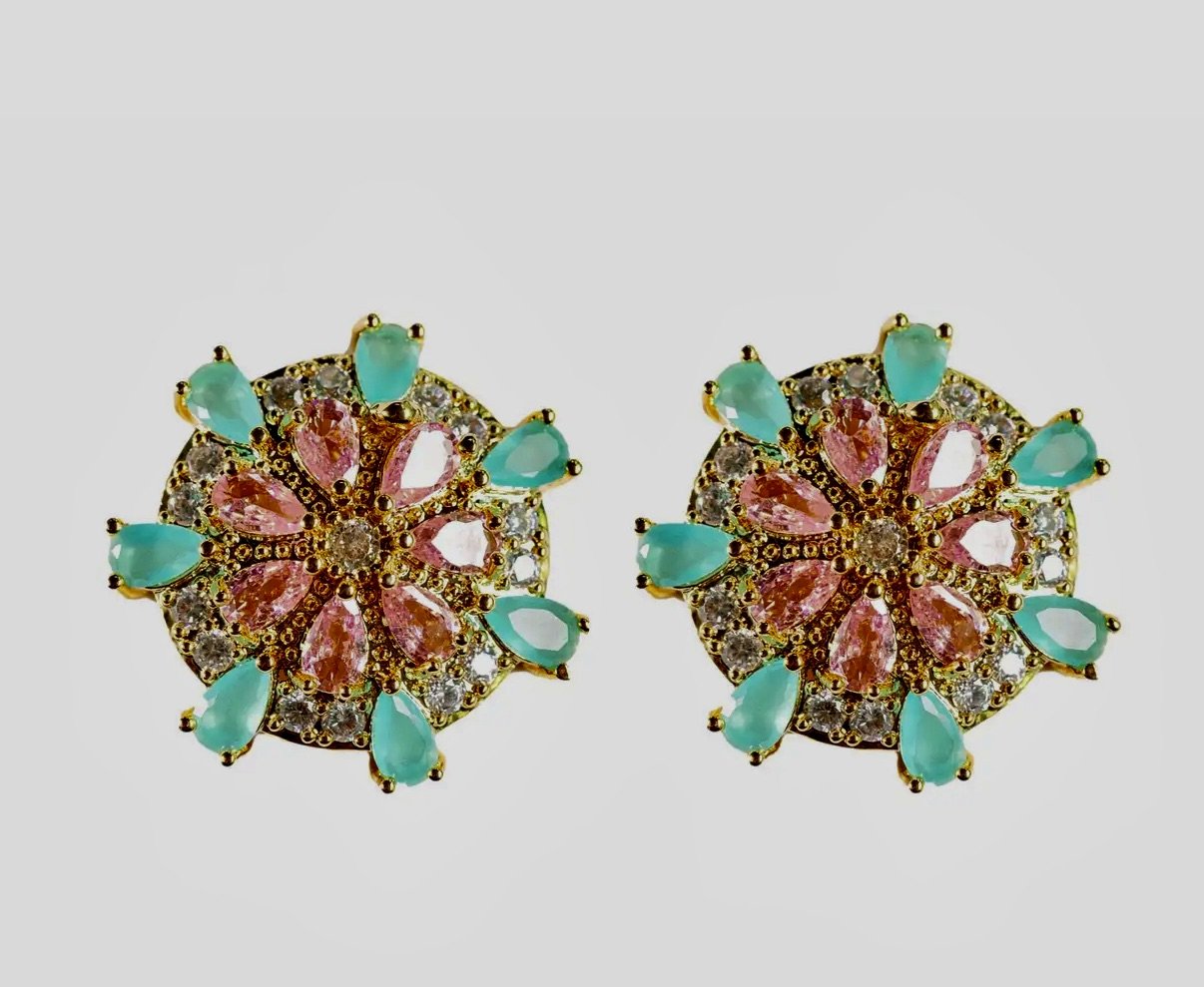 Pink & Turquoise Rhinestones Sparkling Stud Earrings
