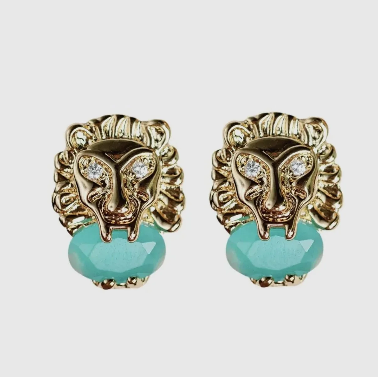 Turquoise Color and Gold Lion Stud Earrings