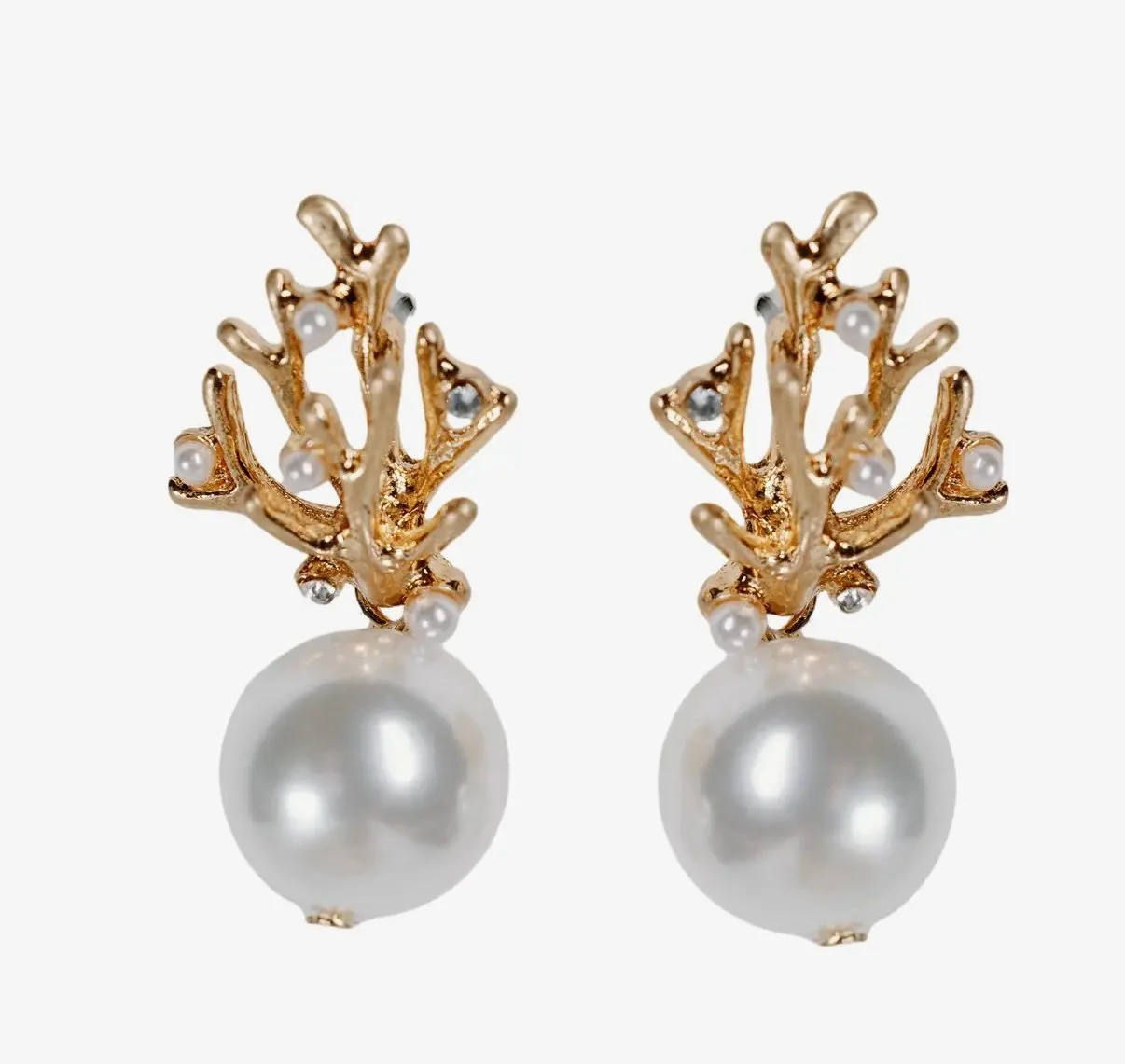 Faux Pearl & Gold Tone Coral Earrings