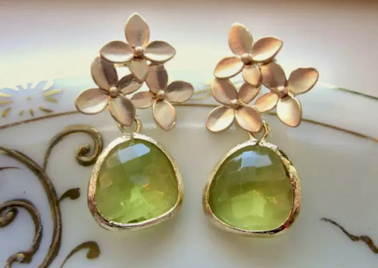 Peridot Apple Green Gold Cherry Blossom Earrings