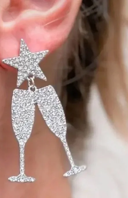 CHEERS! Silver Tone Rhinestone Dangle Earrings