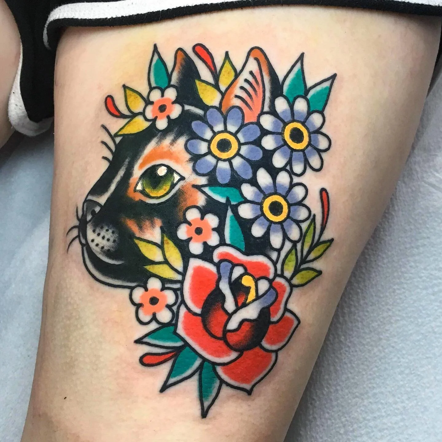 A beautiful tortoiseshell baby 🐈 #tattoo #tattoos #traditionaltattoo #cattattoo #cattoo #catportrait #petportrait #tradisrad #radtrad #colortattoo #usatraditional #tradworkers #ladytattooers #knoxvilletattoo #boldwillhold #bright_and_bold #besttradt
