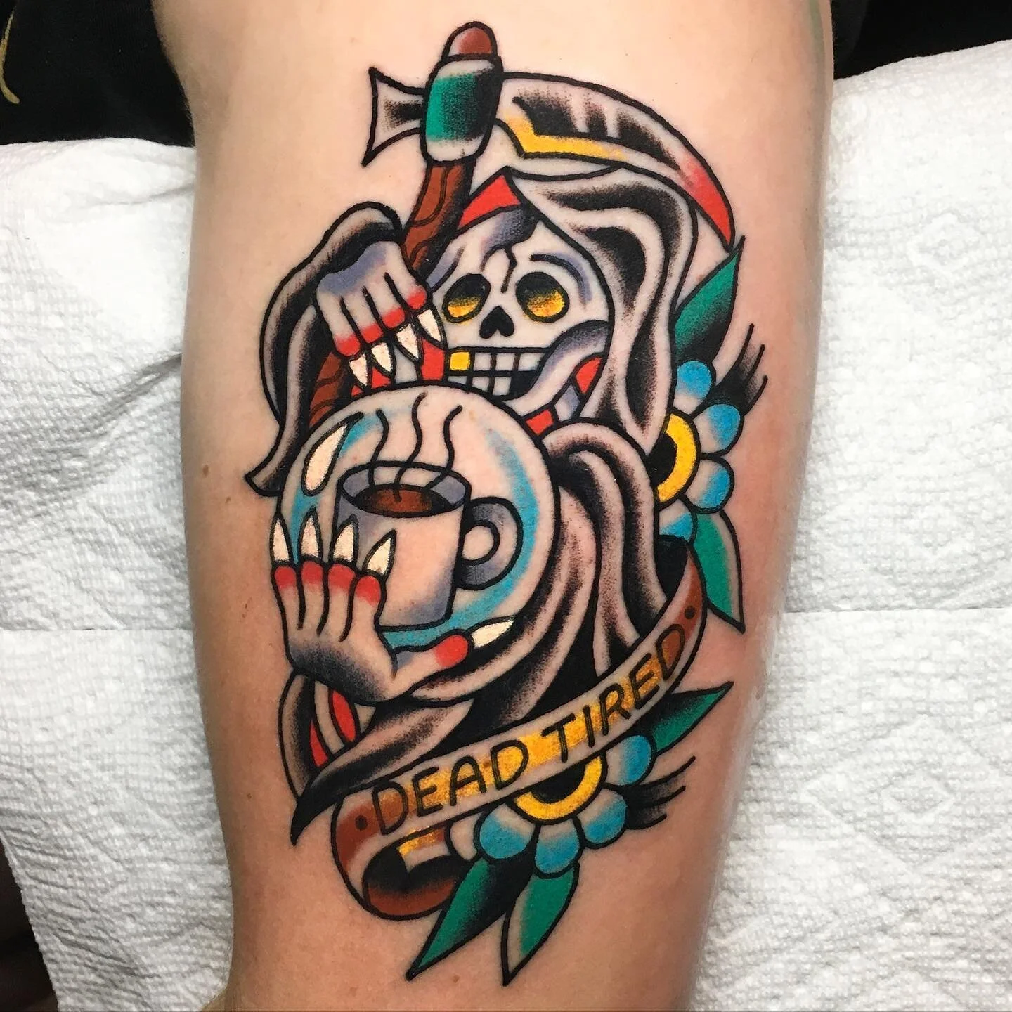 Death before decaf ☠️☕️ #tattoo #tattoos #traditionaltattoo #reapertattoo #tradisrad #radtrad #colortattoo #coffeetattoo #usatraditional #tradworkers #ladytattooers #knoxvilletattoo #boldwillhold #bright_and_bold #besttradtattoos #skinart_traditional