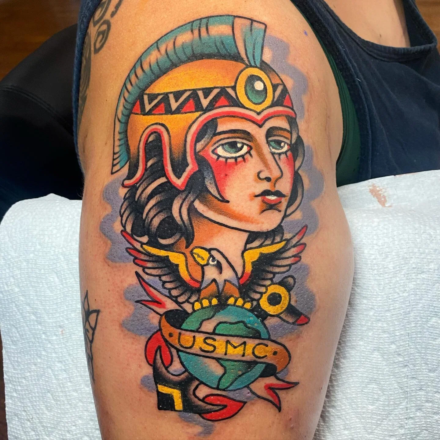 Warrior women 💪 #tattoo #tattoos #traditionaltattoo #athenatattoo #ladytattoo #tradisrad #radtrad #usmc #ladyheadtattoo #colortattoo #usatraditional #tradworkers #ladytattooers #knoxvilletattoo #boldwillhold #bright_and_bold #besttradtattoos #skinar