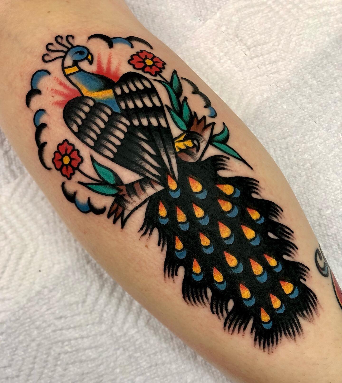 Really fun peacock from a few days back. Thanks for looking! #tattoo #tattoos #traditionaltattoos #bright_and_bold #skinart #oldlines #oldschooltattoo #traditionalclub #tattooing #tattooart #tradworkers #tradtattoo #tradwork #americantraditional #bes