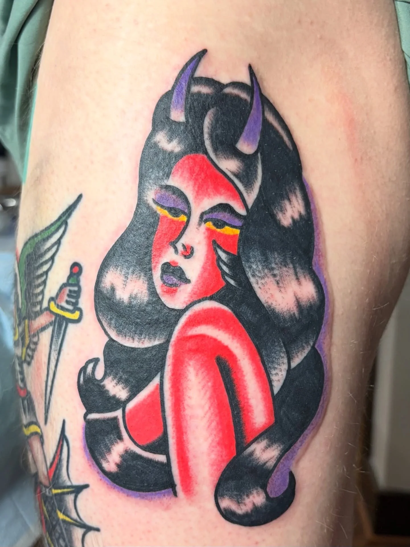 Devil lady from my flash! Tons of other lady heads n&rsquo; pin-ups to choose from. Amongst thousands of other designs too. N&rsquo; always down for custom pieces. All you gotta do is DM to book~