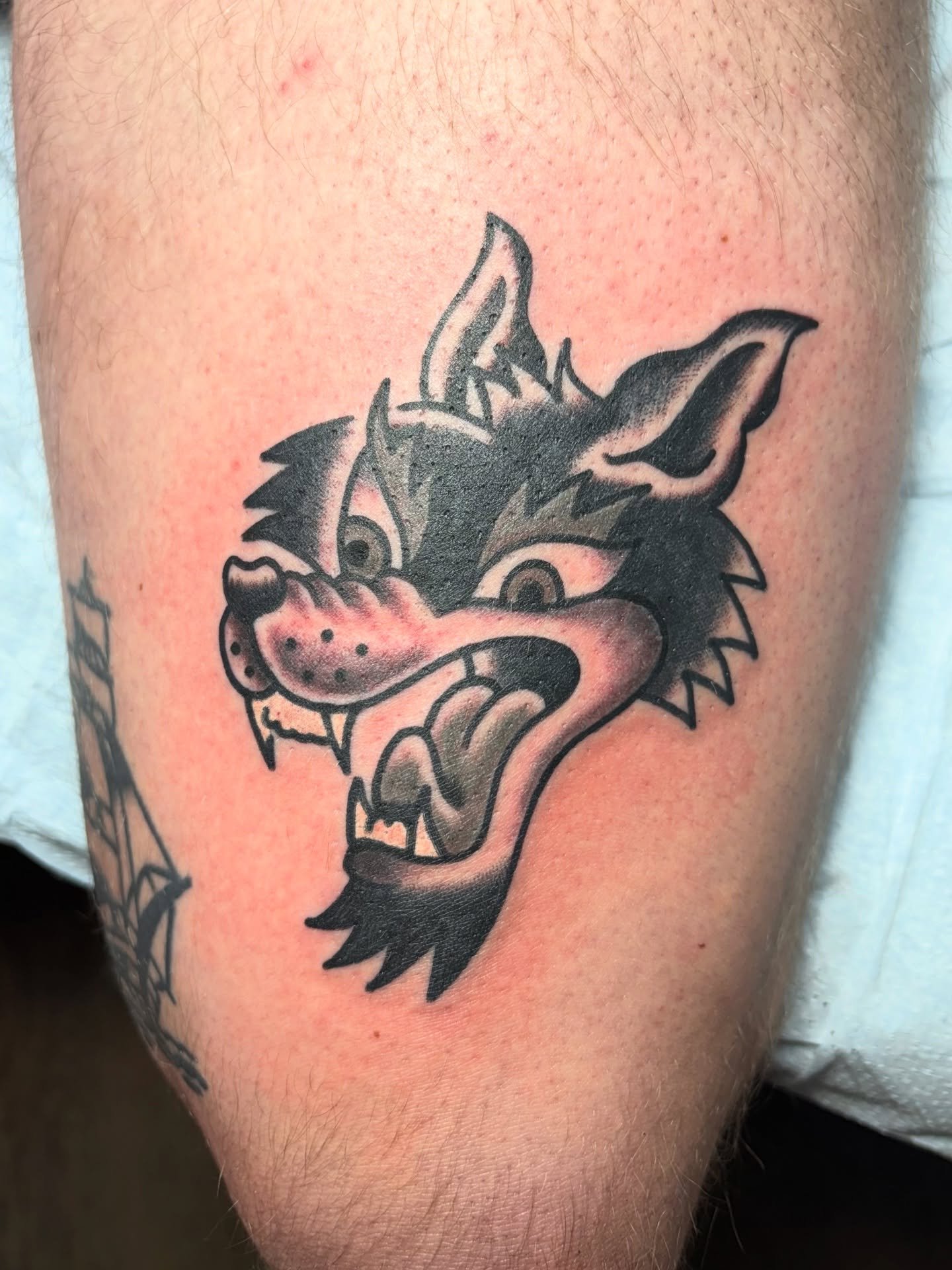 A couple more black n&rsquo; grey traditional tattoos! All designs out of my books n&rsquo; off the walls can be made in color or black n grey! This wolf head was picked off the walls of @riversidetattootn n&rsquo; the knee was a custom walk-in! DM m