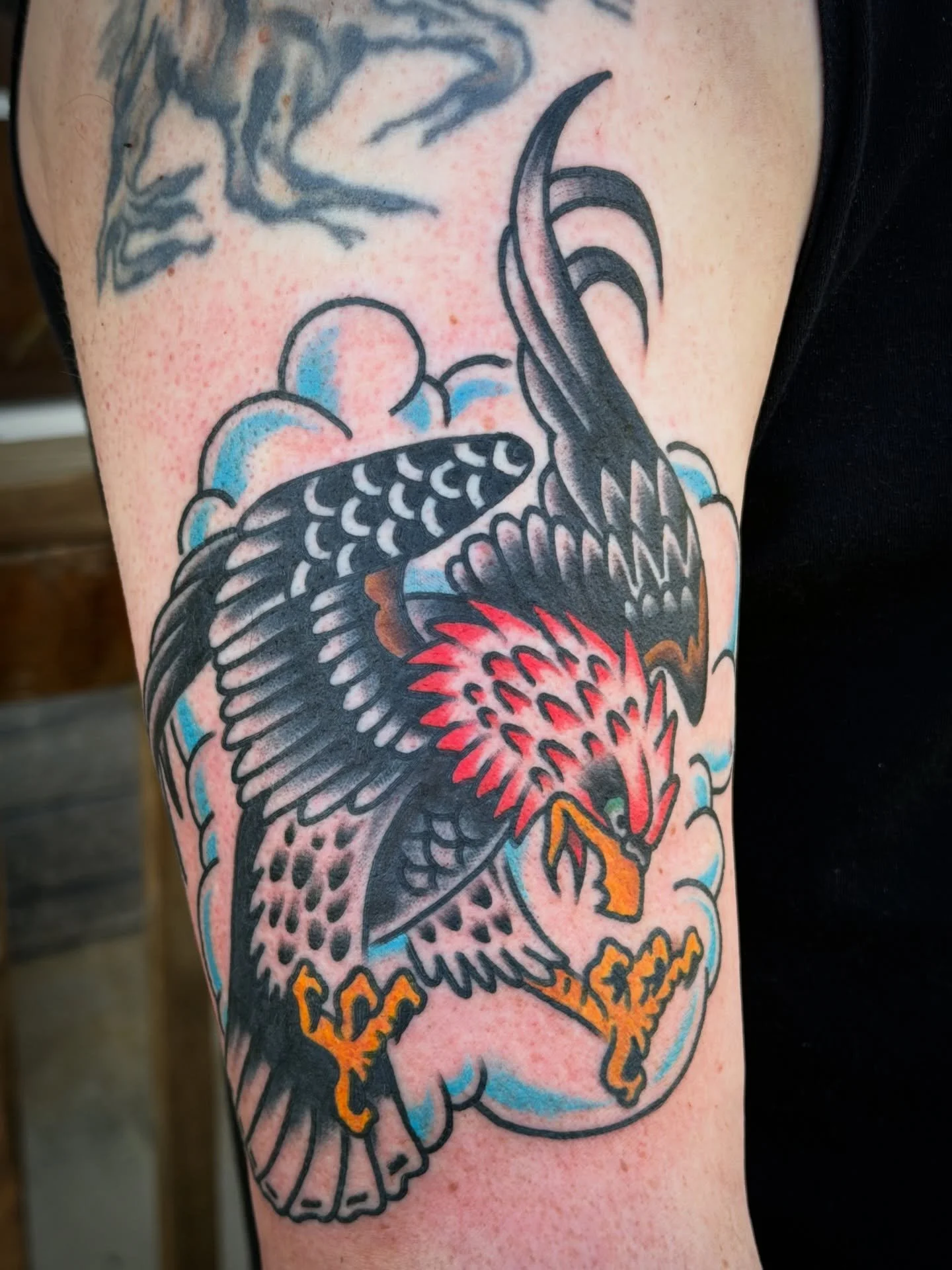 Good first session for @notoriousdan13l made at @riversidetattootn #knoxvilletattooartist #traditionaleagle #traditionaldragon #seymourtattoo #maryvilletattooartist