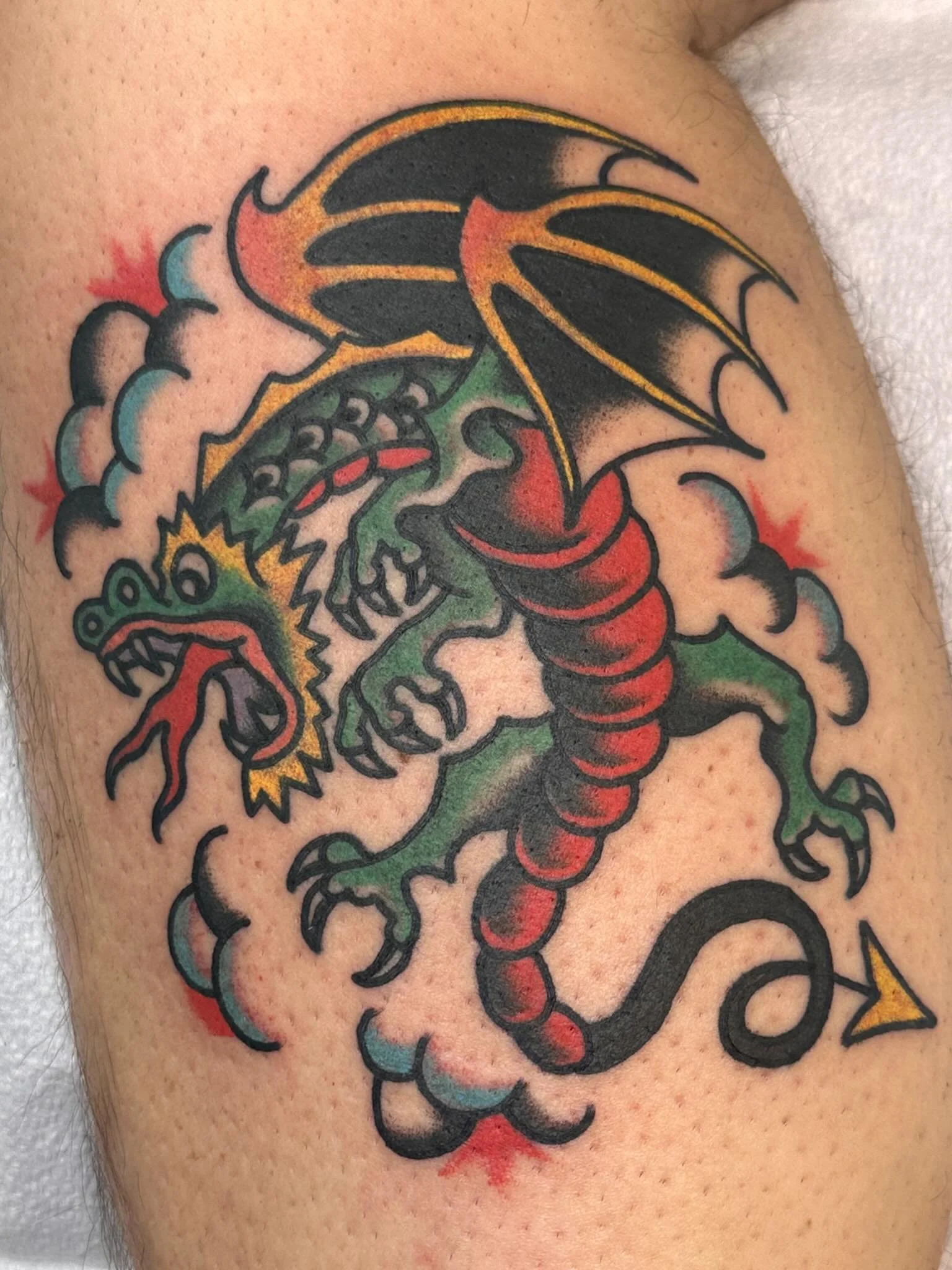 Got to do this Jerry dragon tattoo from my flash on Jared! Thanks homie! Done at @riversidetattooclub dm to book or come check out the new location in Seymour, TN! #tattoo #traditionaltattooflash #tennesseetattooartist #knoxvilletattoos #dragontattoo