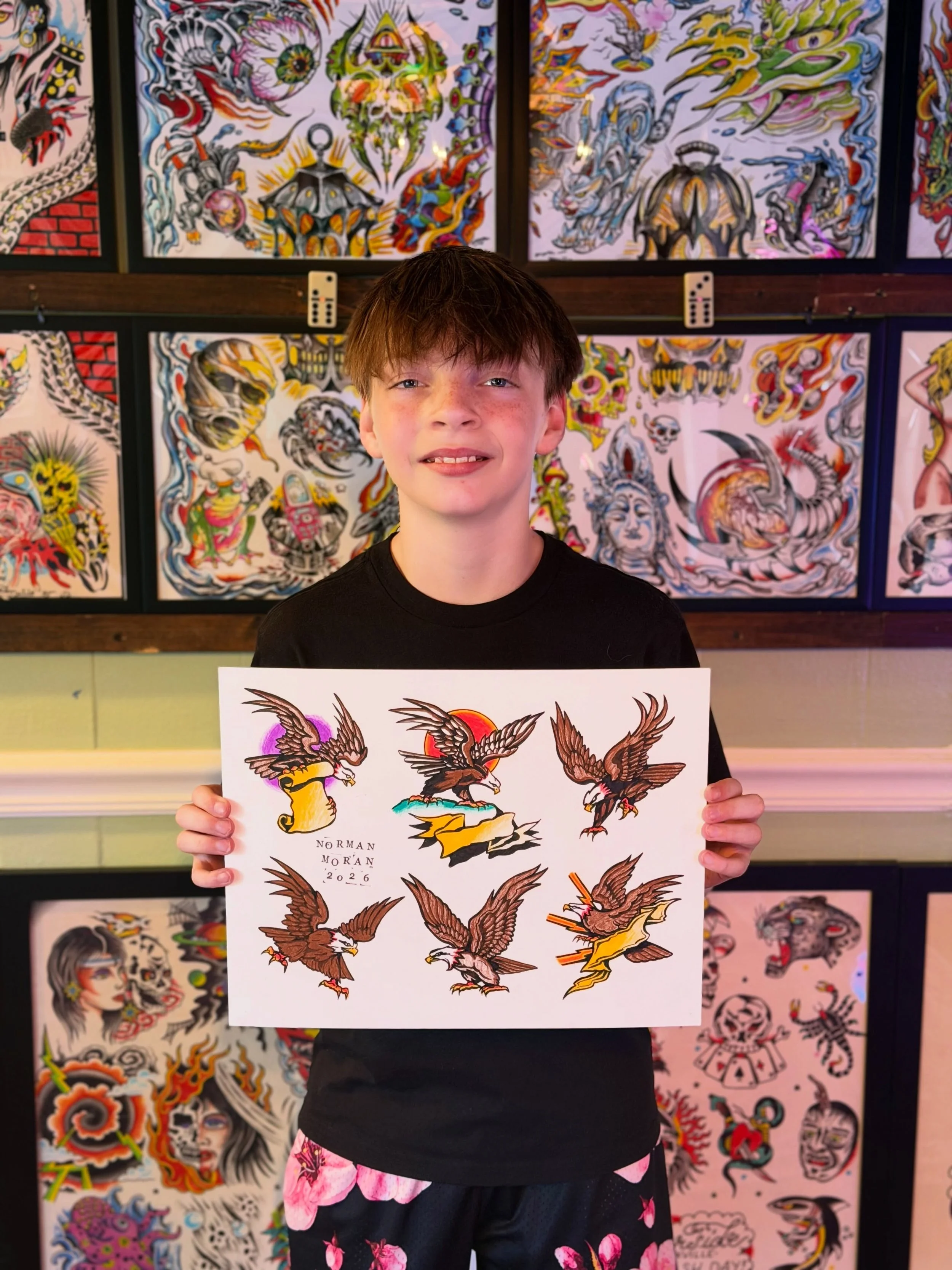 At the @riversidetattooclub grand opening party, @jdcrowetattoos gifted my son this original @marty_holcomb flash sheet. Lines and black were finished but JD asked Norman to have it finished before the next time he comes to visit us. Last Thursday No