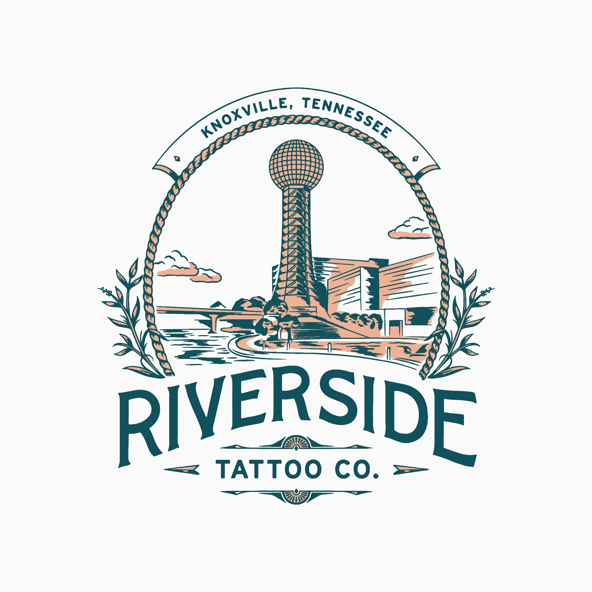 Riverside Tattoo Co. logo badge with the Sunsphere