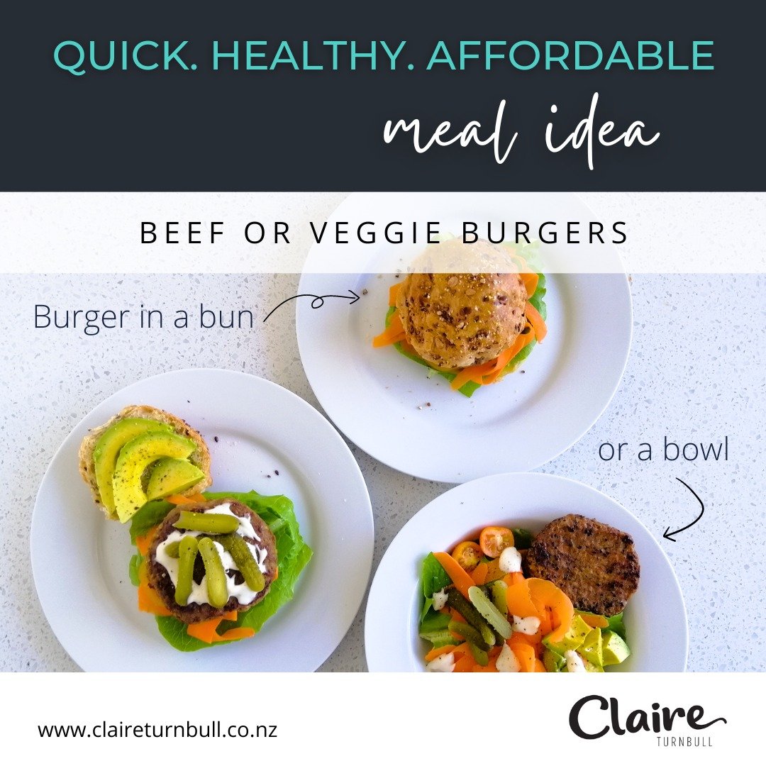 Beef or veggie burgers 
 
Burgers at home, made healthy (and delicious)! 
 
Serve classic-style in a wholegrain bun loaded with salad, or deconstructed in a bowl for a lighter option. 
 
Use veg-based patties for a vegan or plant-based meal. 
 
👩&zw