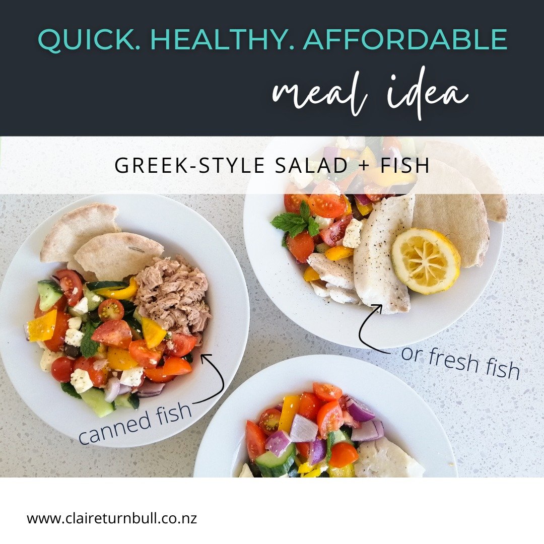 Greek-style salad with fish 
 
A super-quick salad that keeps well in the fridge. Serve with protein of your choice such as fresh fish or canned fish to save on time. 
 
🔪 1. Roughly chop chunky pieces of veg and toss with feta and a drizzle of oliv