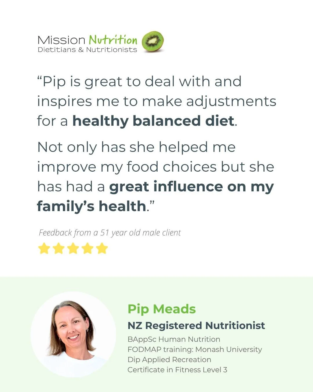 🌿 Mission Nutrition's clients consistently enjoy Pip&rsquo;s down-to-earth, personalised advice - she keeps things simple, practical and real, with a focus on making your life easier and your health goals feel more achievable 💚 

Pip would love to 