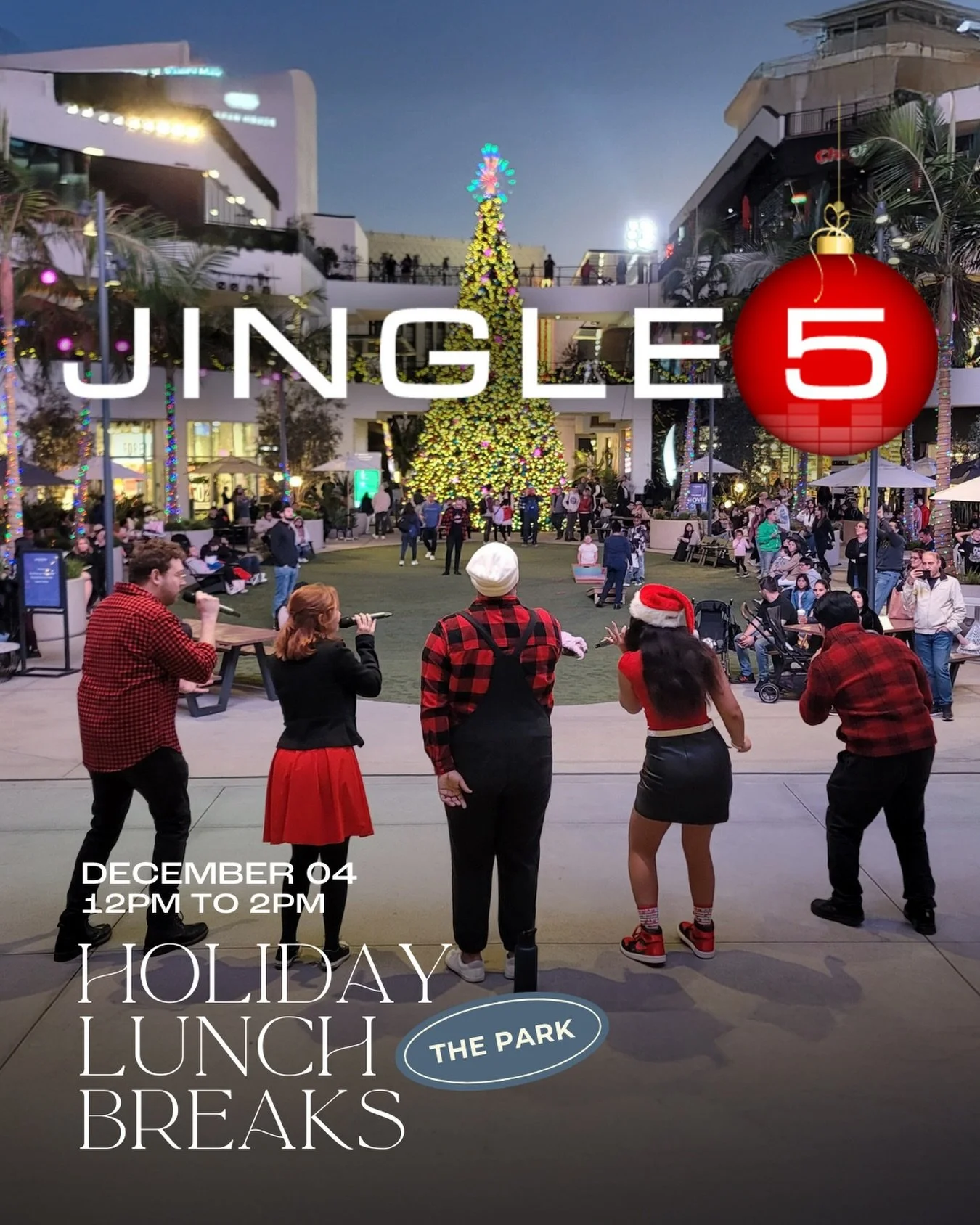 Join us in the park from 12&ndash;2 PM for a special holiday performance by The Jingle 5. Let the music carry you into the season and add a little sparkle to your afternoon.