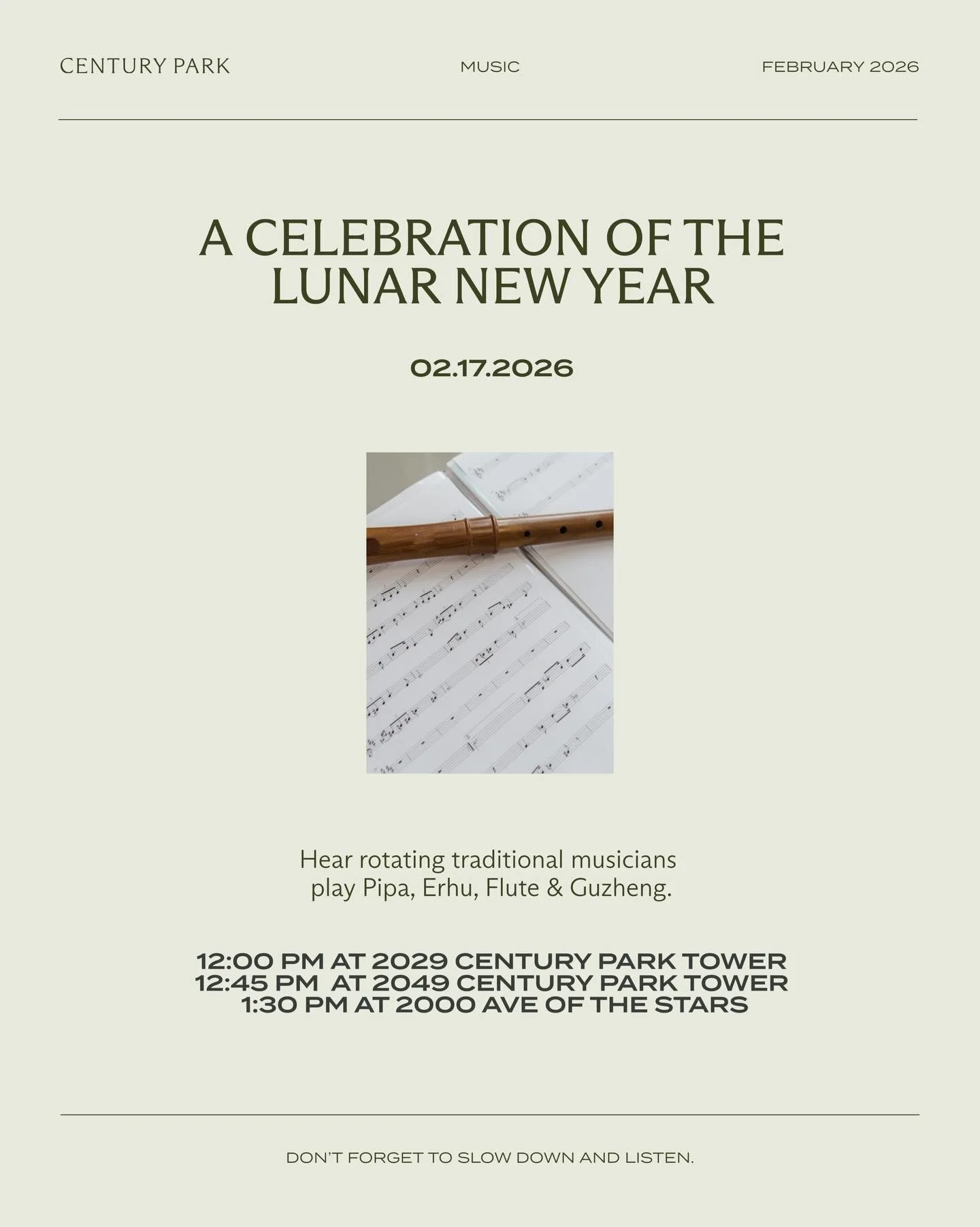 Experience the beauty of traditional sounds and festive rhythms as we honor a season of new beginnings.

#LunarNewYear #CenturyParkEvents #YearOfTheHorse #CenturyCity #LiveMusicLA